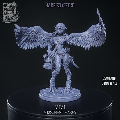 Vivi harpy merchant miniature gray render with large feathered wings spread wide, taloned bird legs, shoulder satchel, fantasy NPC for Dungeons and Dragons 35mm 54mm scale
