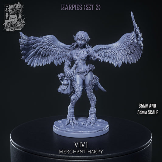 Vivi harpy merchant miniature gray render with large feathered wings spread wide, taloned bird legs, shoulder satchel, fantasy NPC for Dungeons and Dragons 35mm 54mm scale