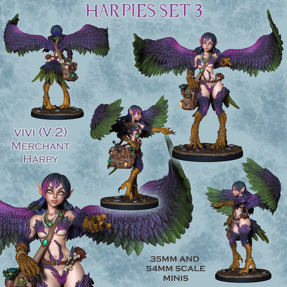 Vivi harpy merchant miniature painted collage showing front, back, and side poses with purple and green wings, talons, travel bag, fantasy Dungeons and Dragons merchant NPC 35mm 54mm