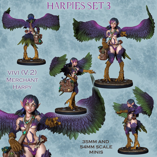 Vivi harpy merchant miniature painted collage showing front, back, and side poses with purple and green wings, talons, travel bag, fantasy Dungeons and Dragons merchant NPC 35mm 54mm