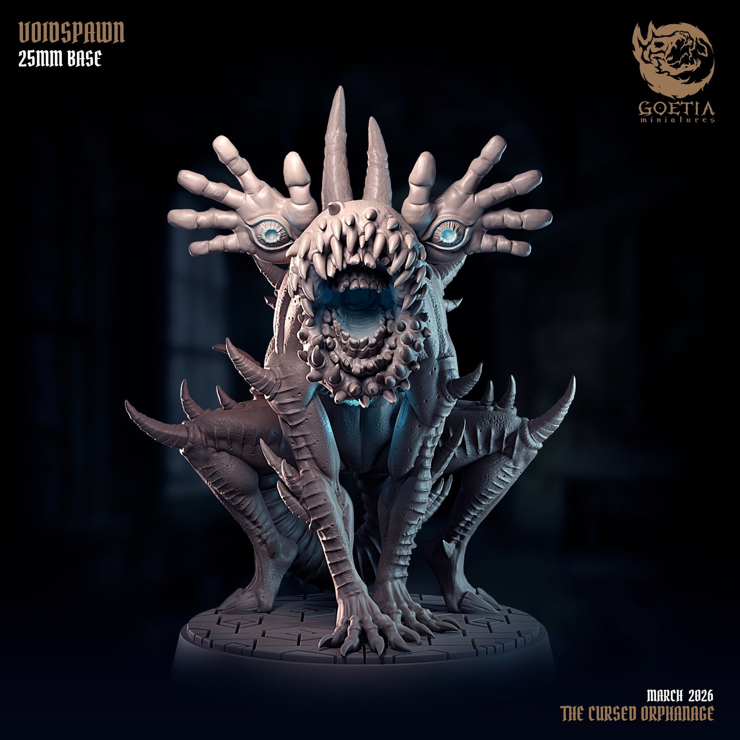 Voidspawn aberration horror resin miniature with hand eyes giant mouth claws horned body cosmic horror Dungeons and Dragons monster miniature Call of Cthulhu creature