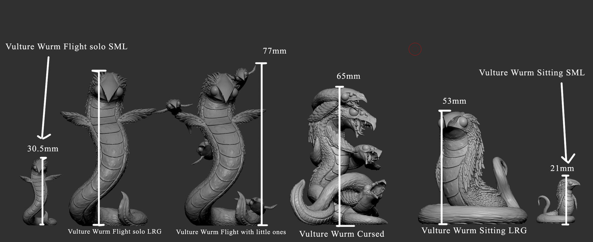 Scale comparison of Vulture Wurm models including flying, coiled, and sitting variants with multiple head versions, labeled with height dimensions.