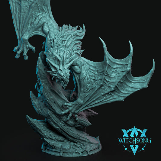 Warden of the Damned demon resin miniature with giant bat wings elongated claws skeletal infernal face and abyssal predator styling for Dungeons and Dragons Pathfinder and grimdark tabletop RPGs