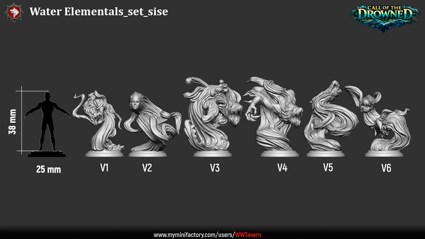 Water Elementals scale comparison showing six unique aquatic elemental miniatures for 32mm tabletop gaming