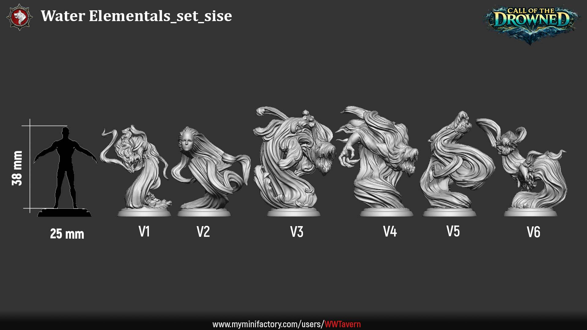 Water Elementals scale comparison showing six unique aquatic elemental miniatures for 32mm tabletop gaming