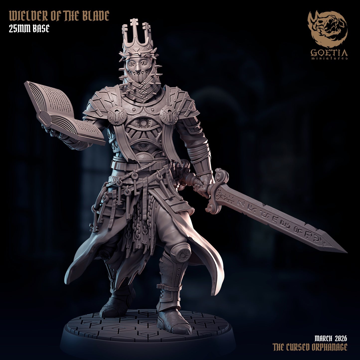 Wielder of the Blade human swordmaster resin tabletop miniature with ritual book runic sword armored knight inquisitor grimdark Dungeons and Dragons fighter miniature dark fantasy RPG model