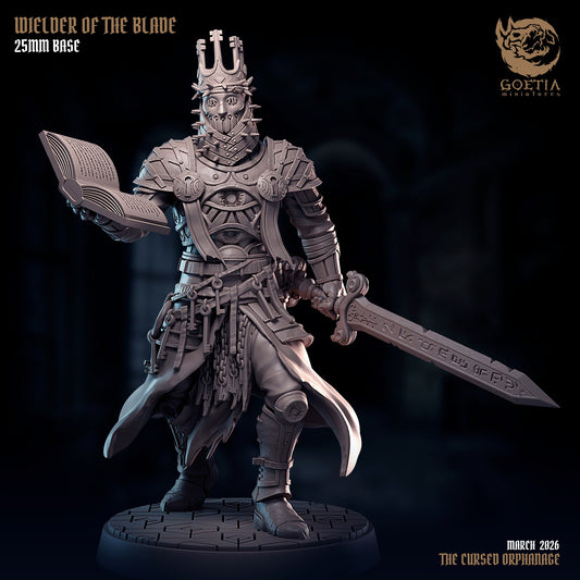 Wielder of the Blade human swordmaster resin tabletop miniature with ritual book runic sword armored knight inquisitor grimdark Dungeons and Dragons fighter miniature dark fantasy RPG model