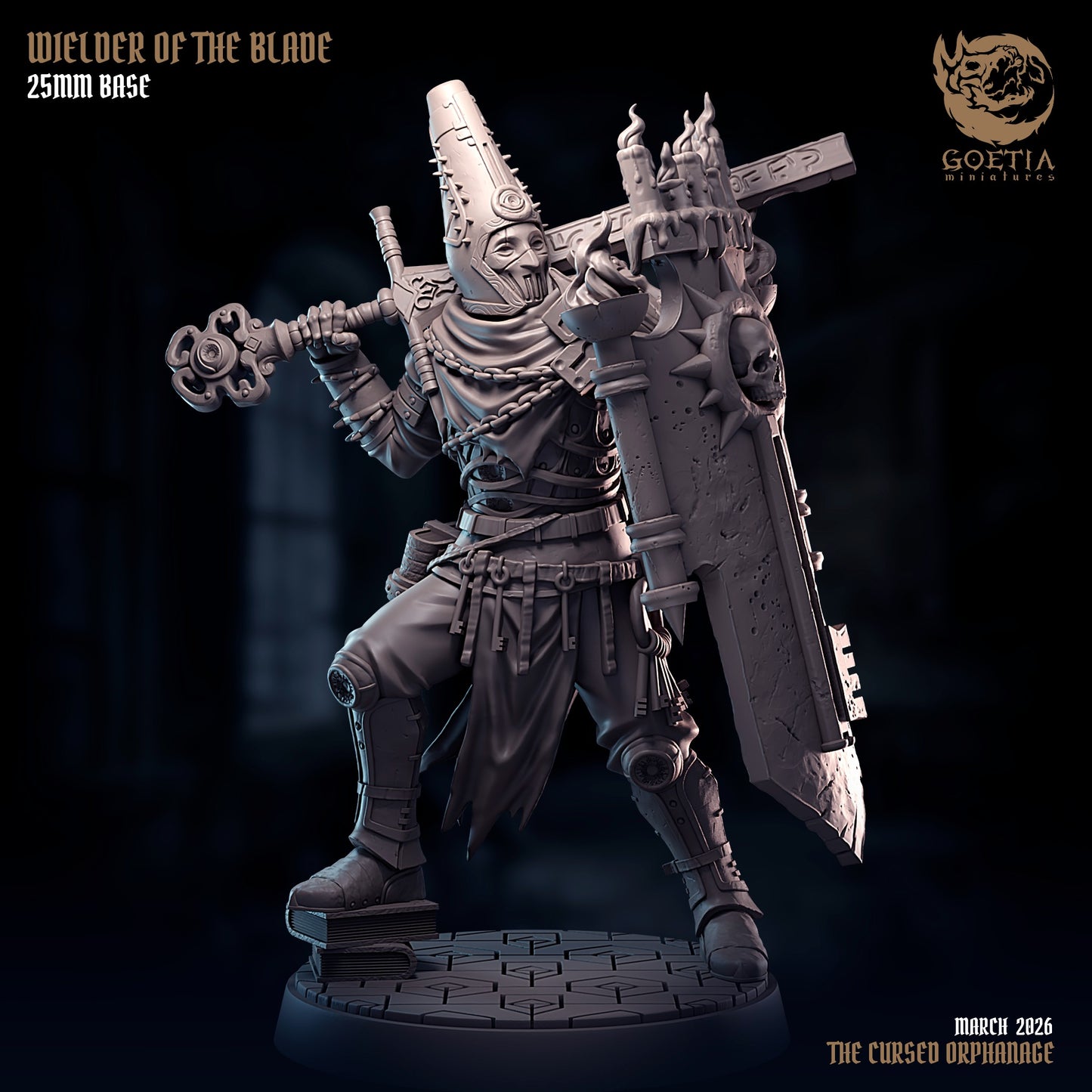 Wielder of the Blade human zealot knight resin tabletop miniature with massive shield candles giant sword armored crusader grimdark Dungeons and Dragons miniature dark fantasy RPG warrior