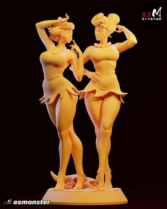 Wilma Flintstone Betty Rubble diorama angled view expressive poses classic cartoon characters 1:6 scale collectible figure display