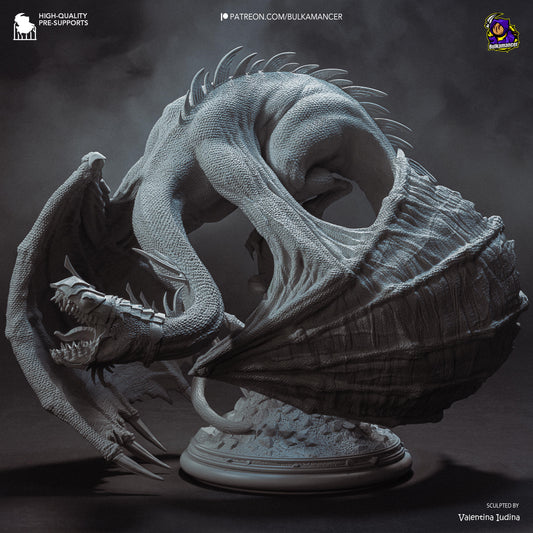 Witch King of Angmar 1:20 scale unpainted grey render showing full Fell Beast body, wings, tail curve, and rocky display base.