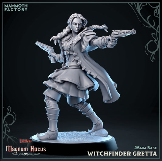 Witchfinder Gretta dual-wielding monster hunter resin miniature with rune-etched pistols from Magnum Hocus by Mammoth Factory on 25mm base