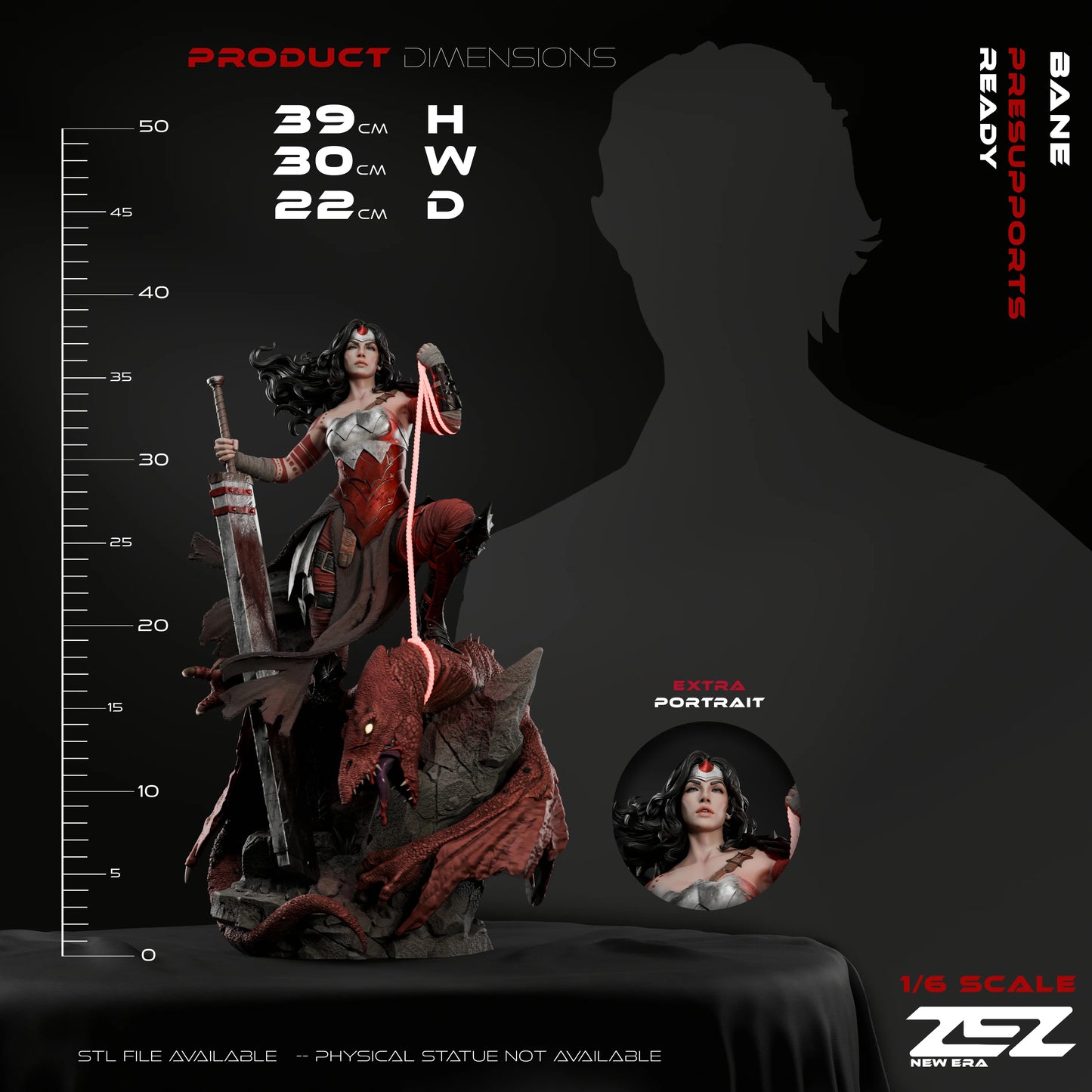 Size comparison chart of Absolute Wonder Woman 1:6 scale collectible figure with extra portrait and measurements in cm.
