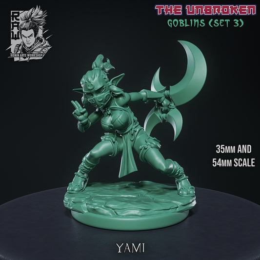 Yami the Assassin goblin rogue gray resin render with crescent blades ninja pose wrapped armor and fantasy tabletop RPG styling