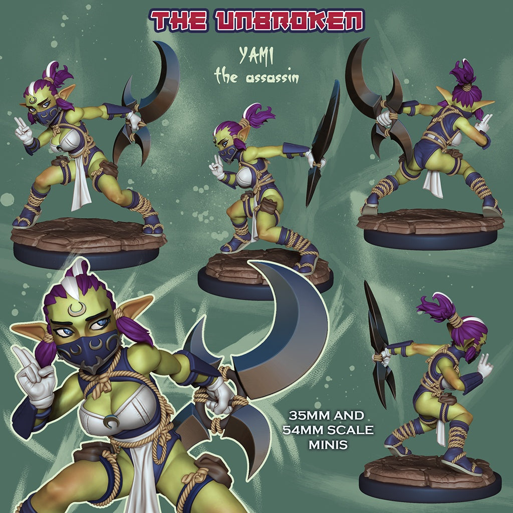 Yami the Assassin goblin rogue resin tabletop miniature wielding dual crescent blades with stealth assassin fantasy RPG design