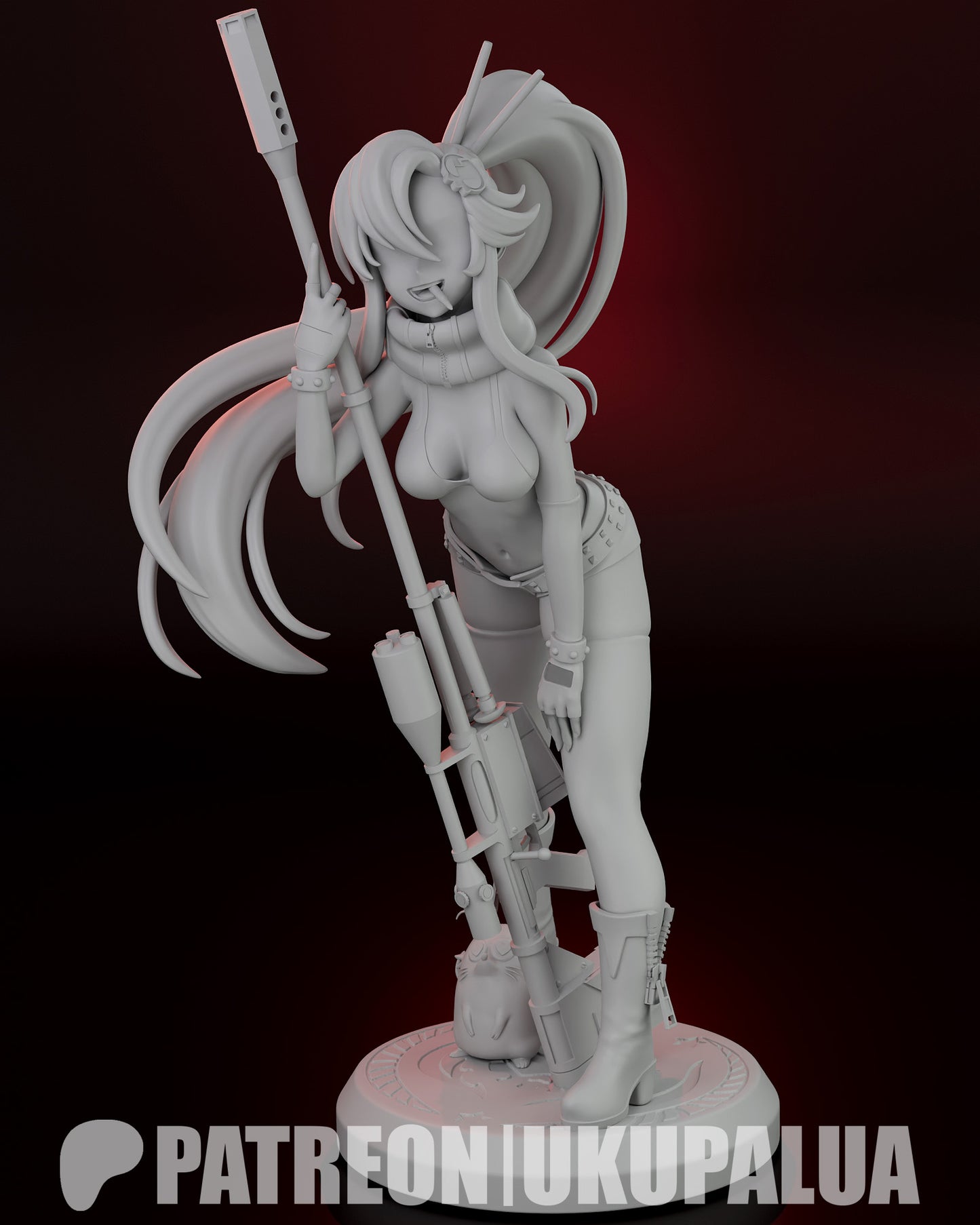 Yoko Littner Tengen Toppa Gurren Lagann rear clay render 1:7 scale resin statue showing long ponytail sniper rifle and detailed outfit