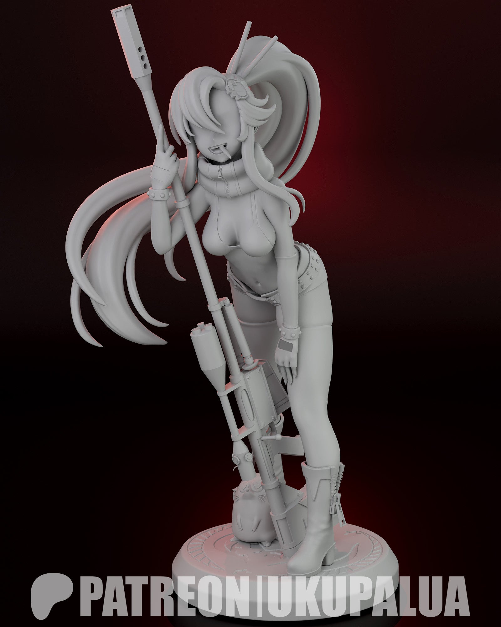 Yoko Littner Tengen Toppa Gurren Lagann rear clay render 1:7 scale resin statue showing long ponytail sniper rifle and detailed outfit