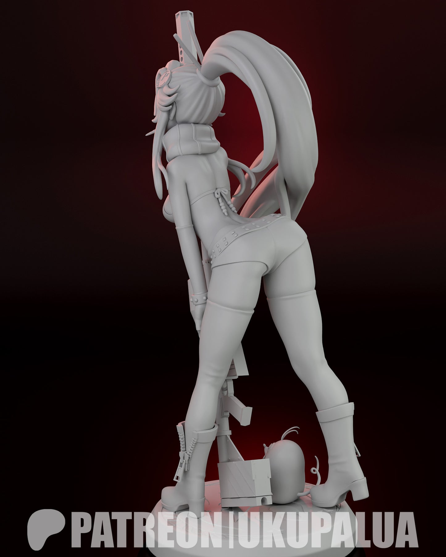 Yoko Littner Tengen Toppa Gurren Lagann exploded parts layout for 1:7 scale resin statue showing alternate faces rifle hair and body components