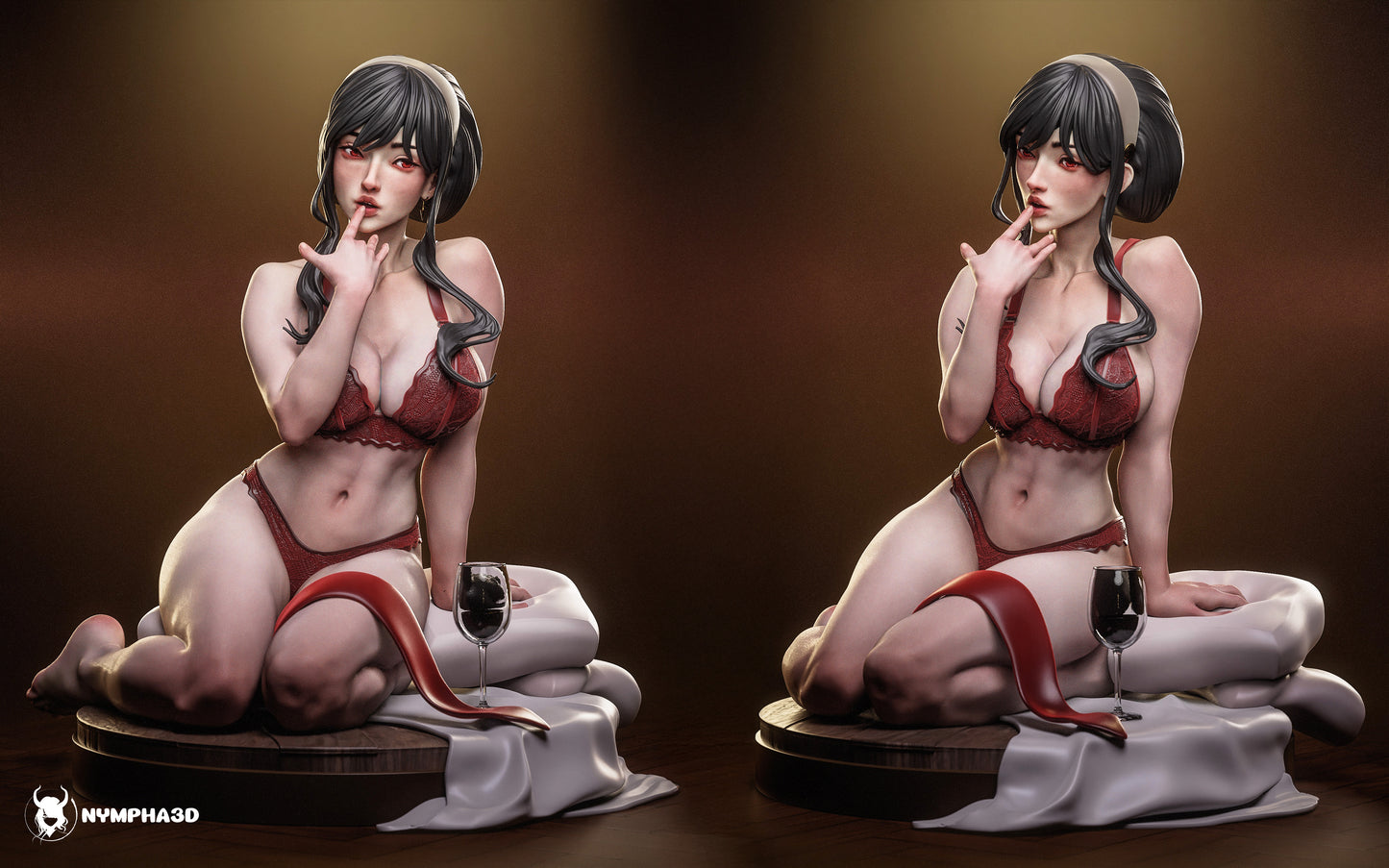 Yor Forger Spy x Family resin statue in lingerie variant seated on cushions with wine glass anime collectible render