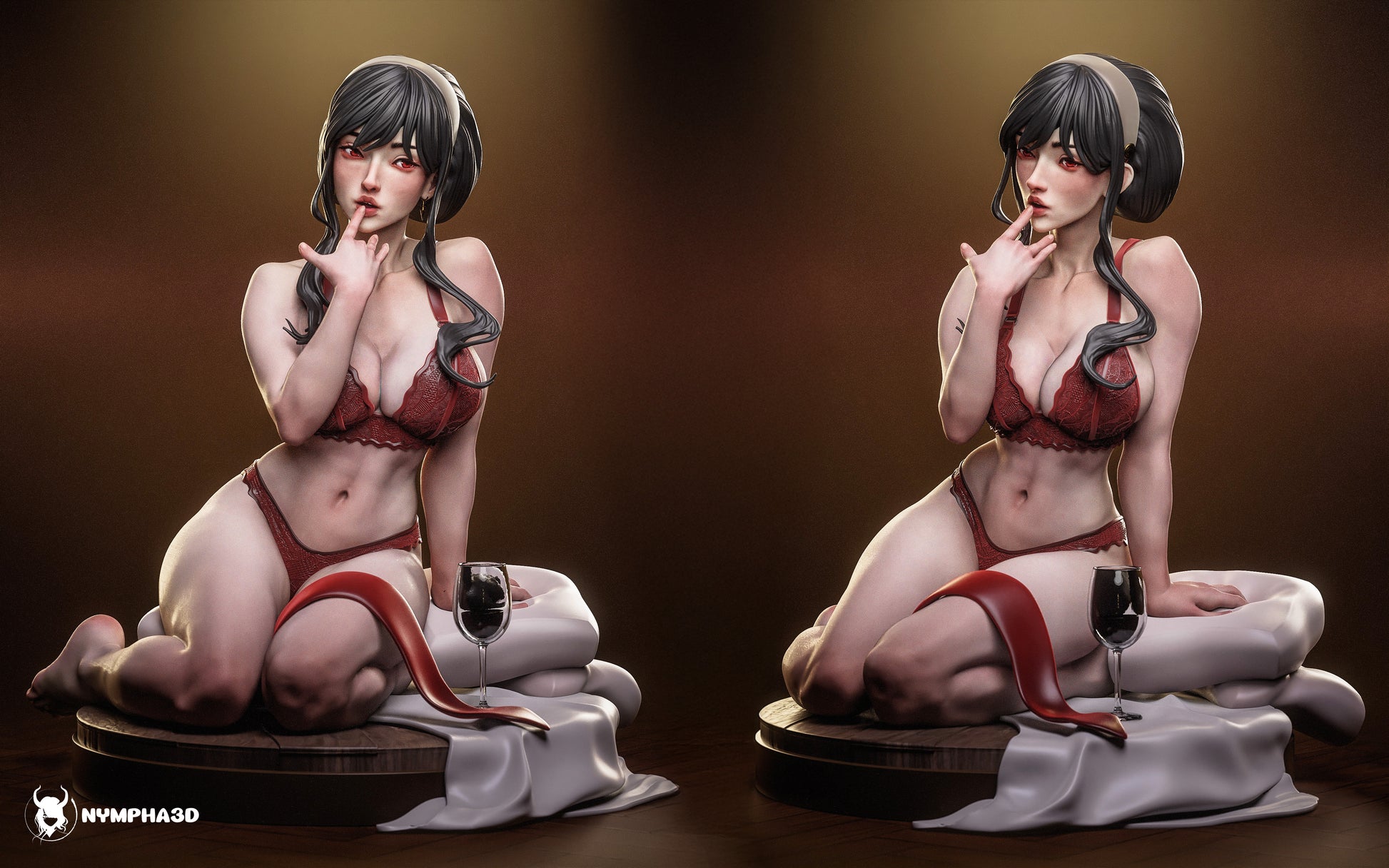 Yor Forger Spy x Family resin statue in lingerie variant seated on cushions with wine glass anime collectible render