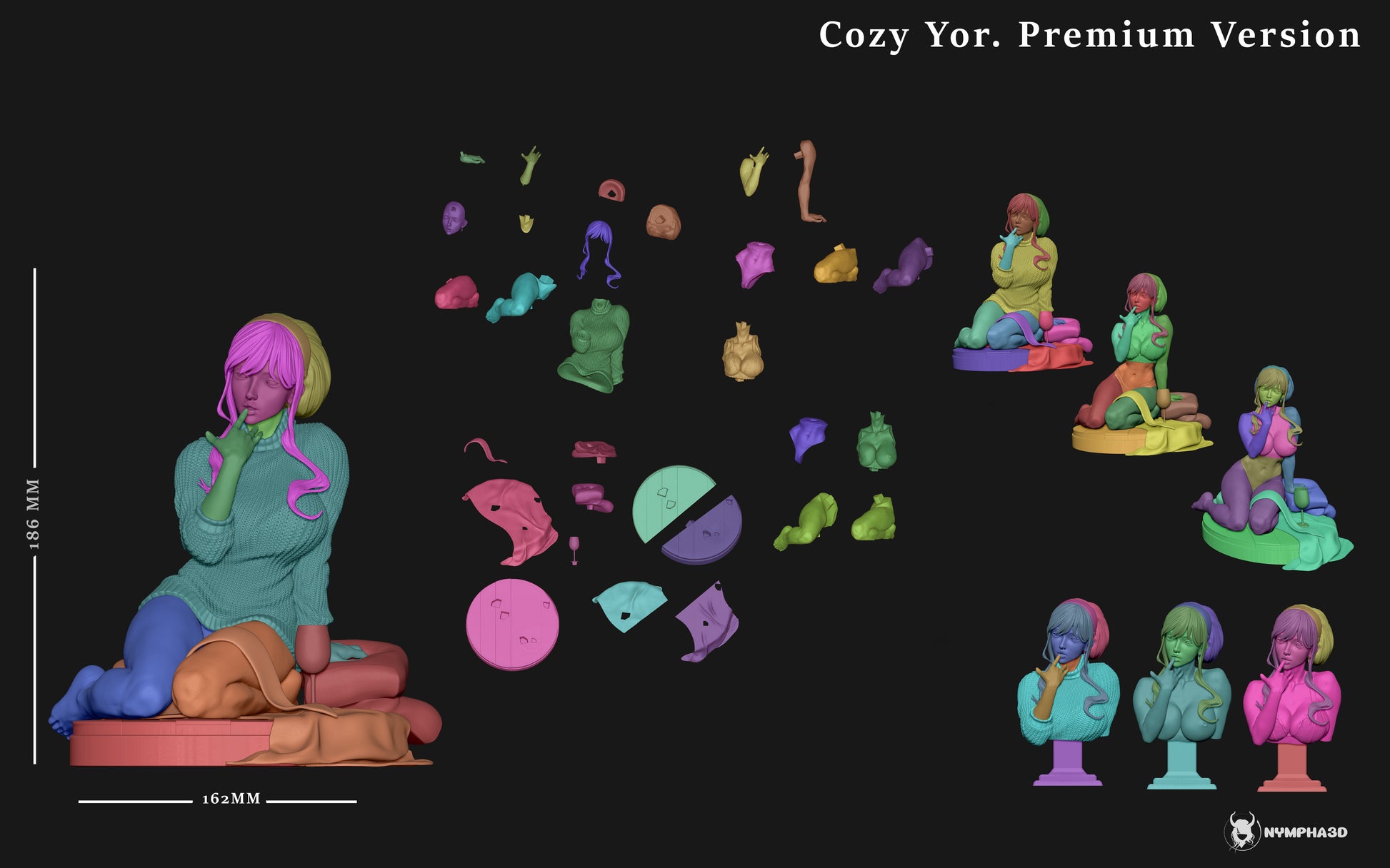 Yor Forger premium version exploded parts layout with alternate torsos clothing swap parts bust options and seated display base