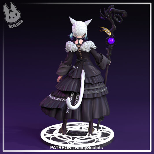 yshtola rhul final fantasy xiv resin statue back view miqote tail layered dress staff pose figure