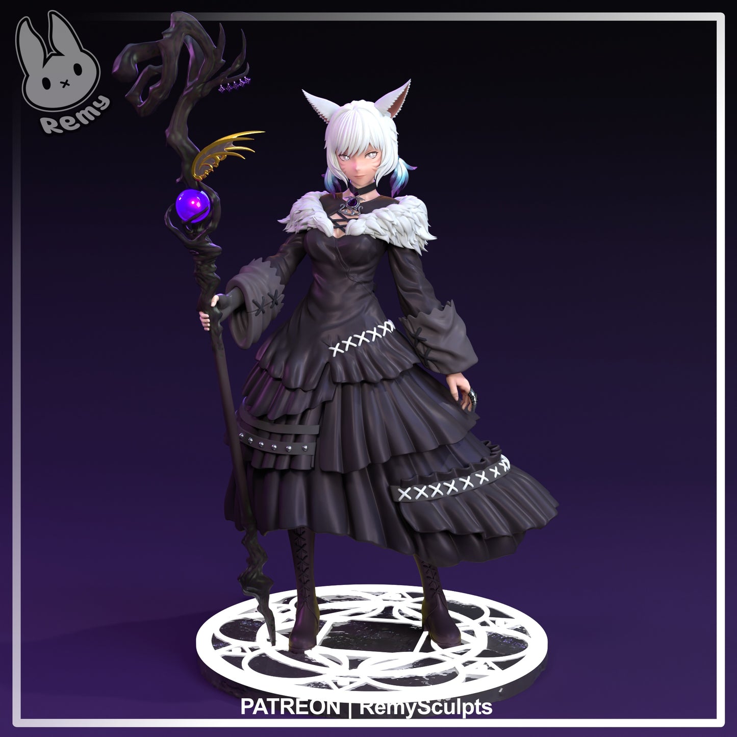yshtola rhul final fantasy xiv resin statue front pose miqote mage staff orb detailed dress figure
