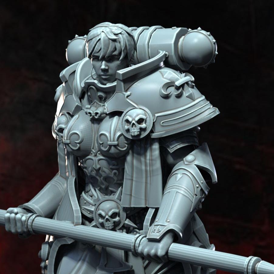 Close-up of Chrisma the Storm of Retribution, highlighting the detailed ornate power armor and her fierce expression, as she grips a warhammer, captured in a miniature for dark fantasy and sci-fi tabletop RPGs.