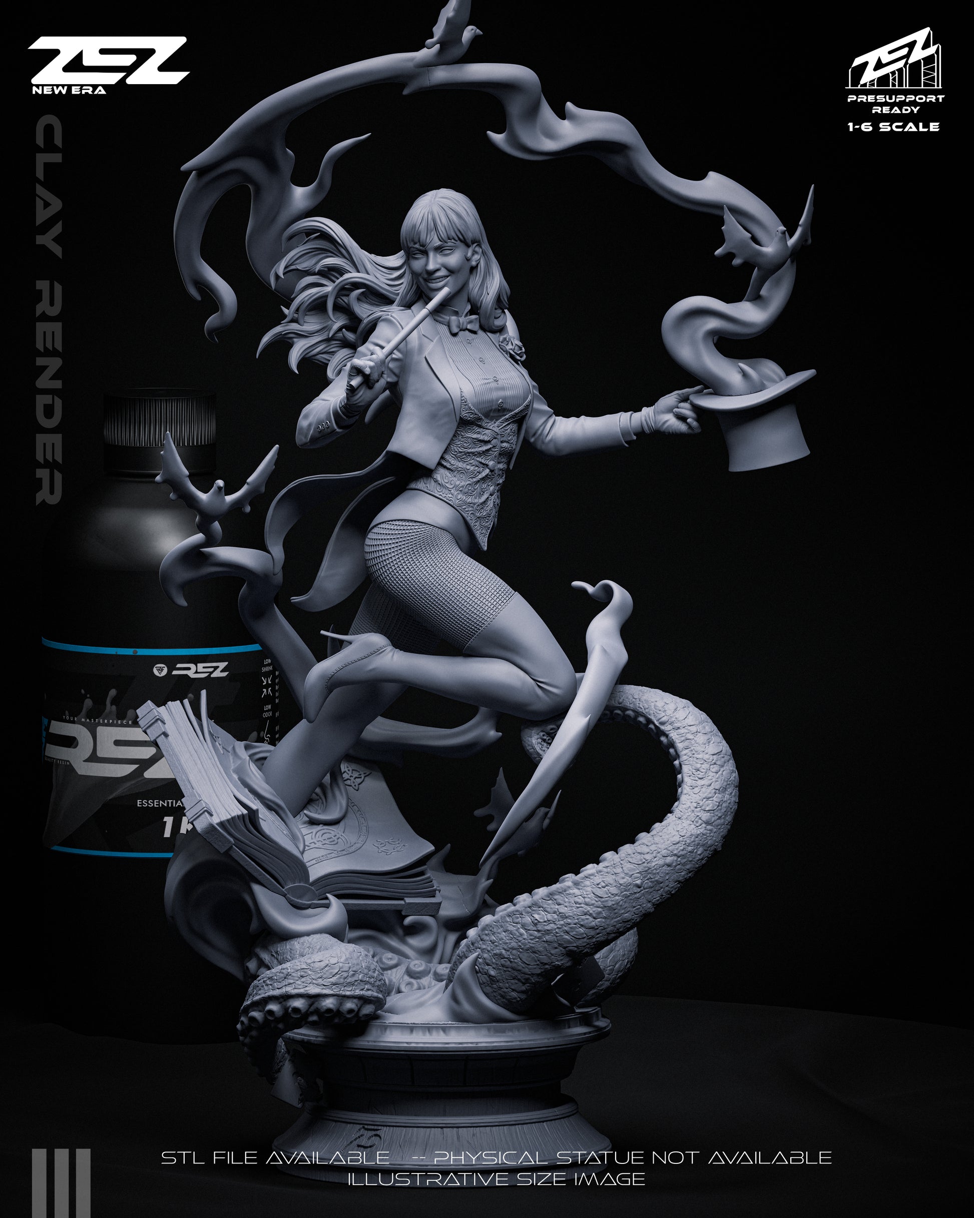 Zatanna DC Comics 1:6 scale figure front view unpainted stage magician wand top hat dynamic pose