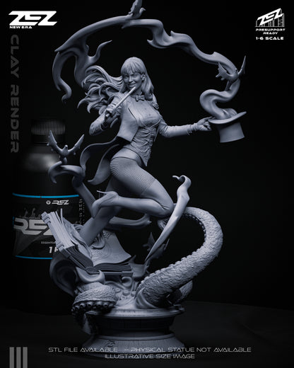 Zatanna DC Comics 1:6 scale figure front view unpainted stage magician wand top hat dynamic pose