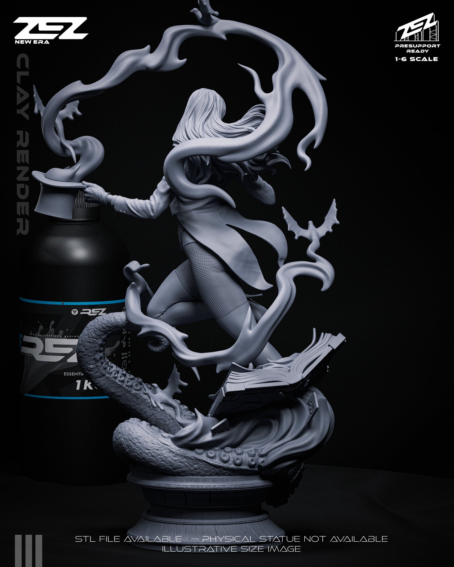 Zatanna DC Comics 1:6 scale figure rear view unpainted magician pose swirling magic effects spellbook base