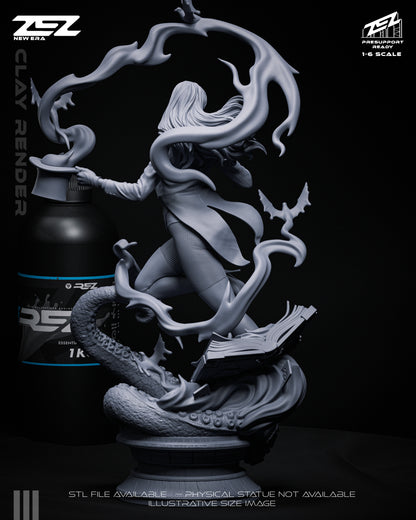 Zatanna DC Comics 1:6 scale figure rear view unpainted magician pose swirling magic effects spellbook base