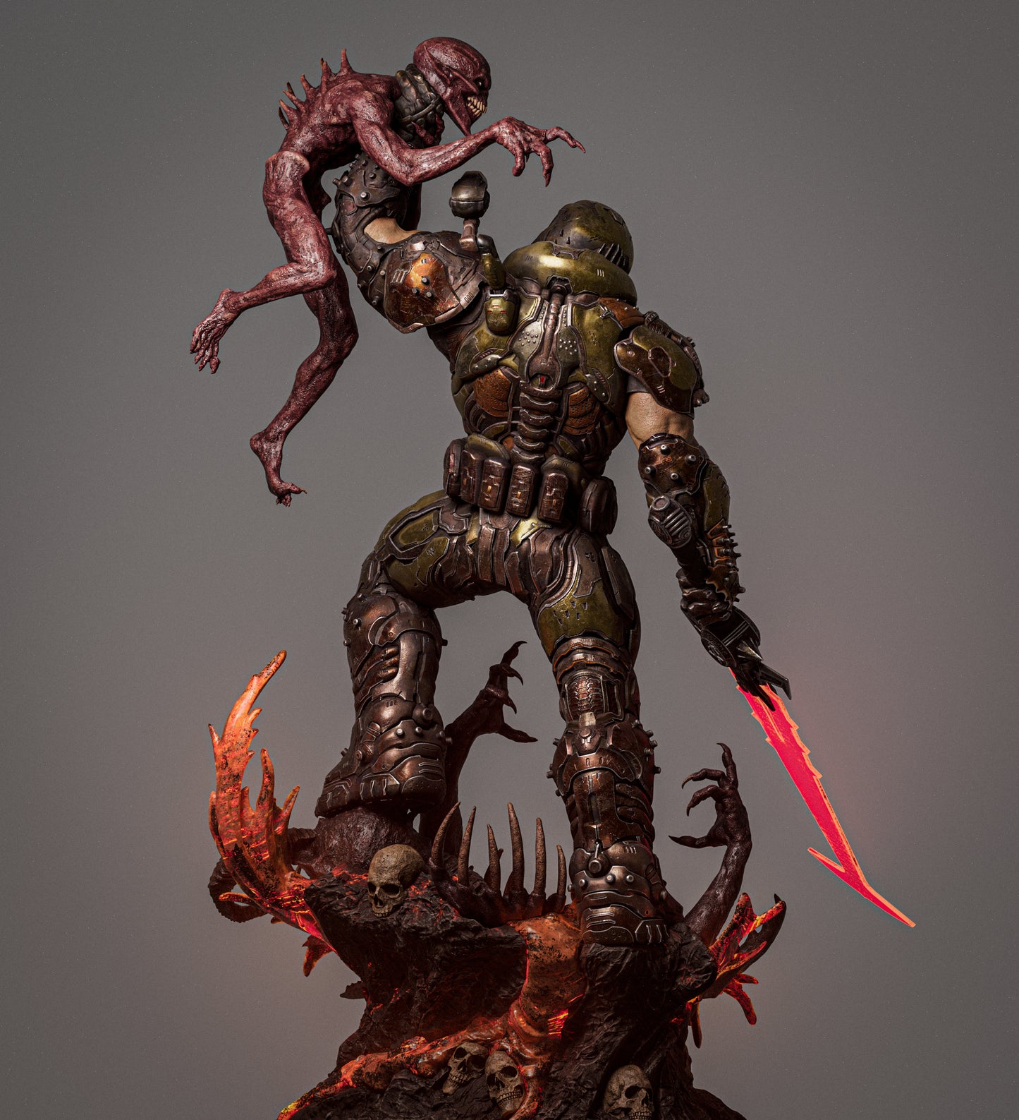 Rear view showing Doom Slayer’s armored back and the demon raised high, base features skulls and fire.