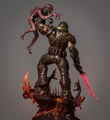 Rear view showing Doom Slayer’s armored back and the demon raised high, base features skulls and fire.