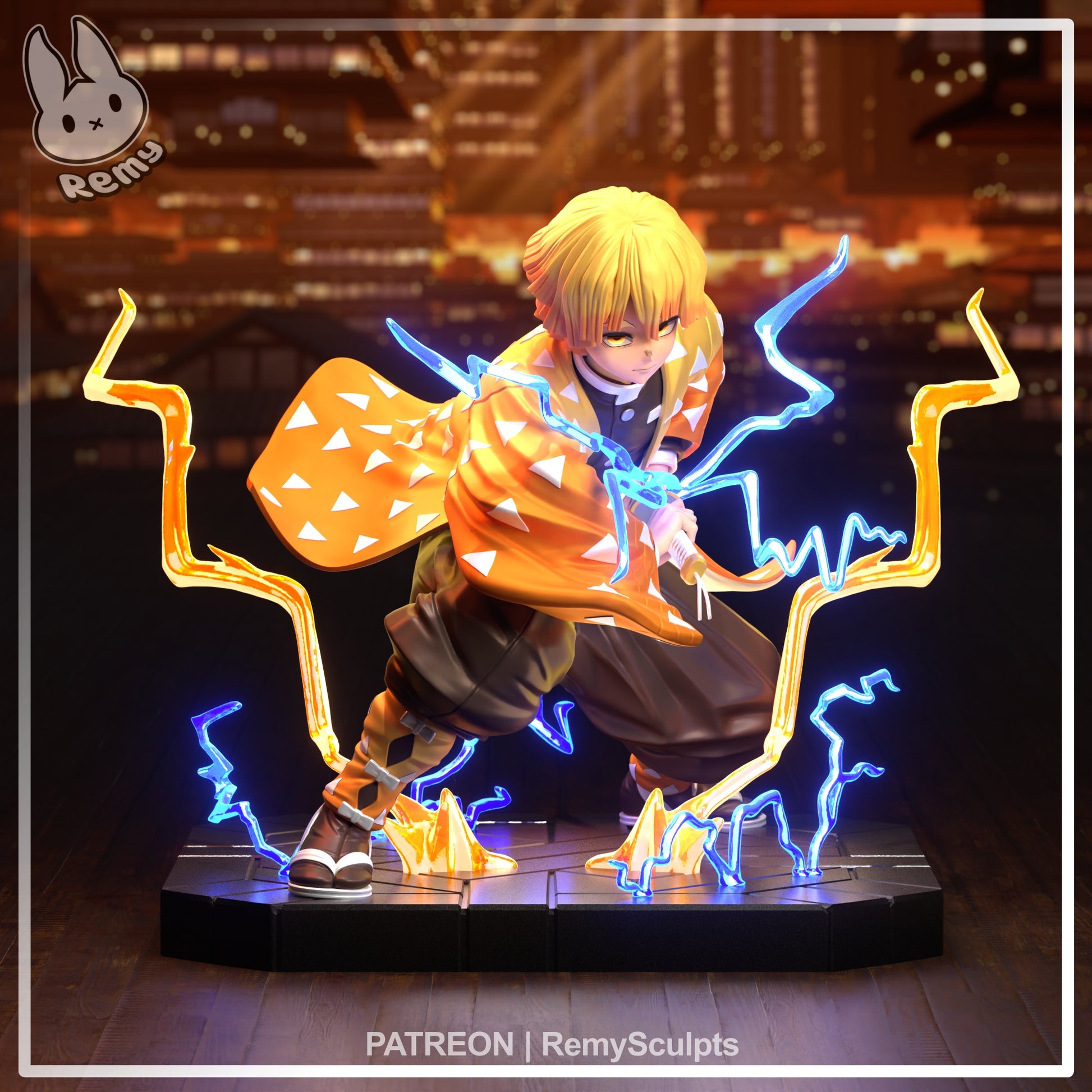 Zenitsu Demon Slayer 1:7 scale collectible figure front view featuring battle-ready crouch, katana grip, thunder breathing lightning effects, expressive anime likeness, and dramatic action base