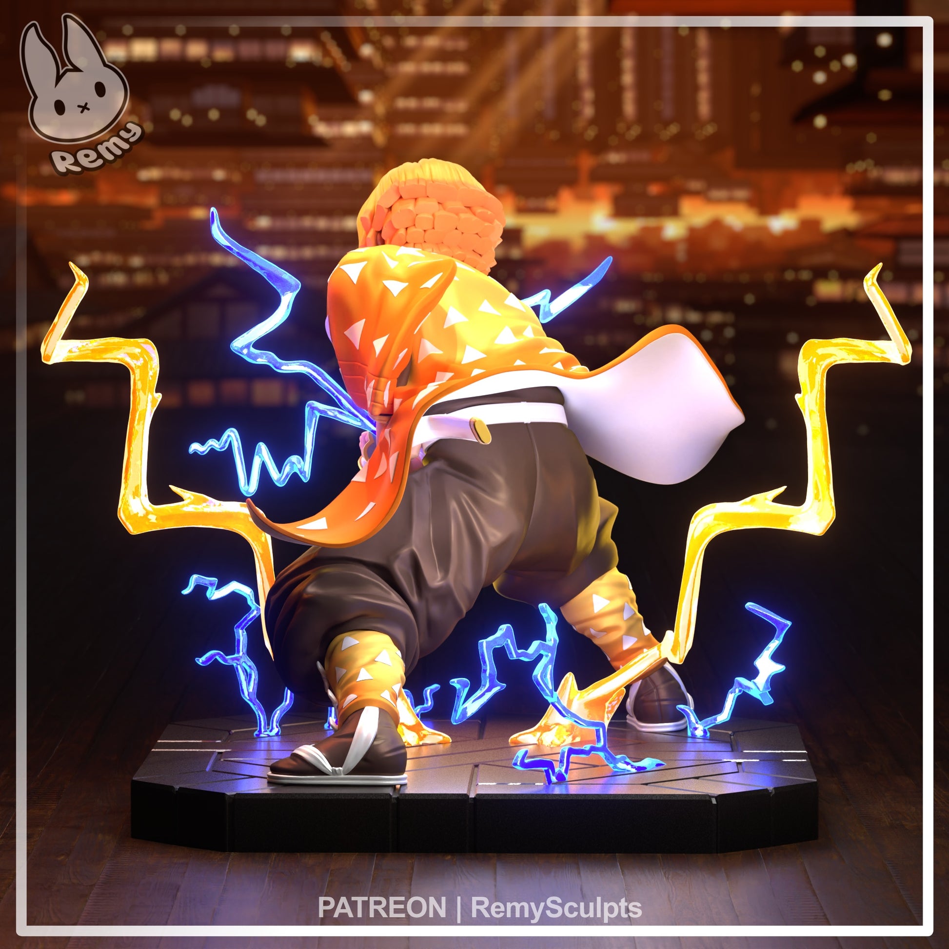 Zenitsu Demon Slayer 1:7 scale collectible figure rear view showing crouched stance, flowing haori, dynamic lightning effects, layered clothing details, and textured display base