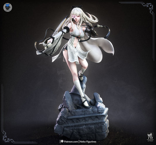 Zero Drakengard resin statue anime video game collectible figure standing on ruined stone base with flowing hair and sword