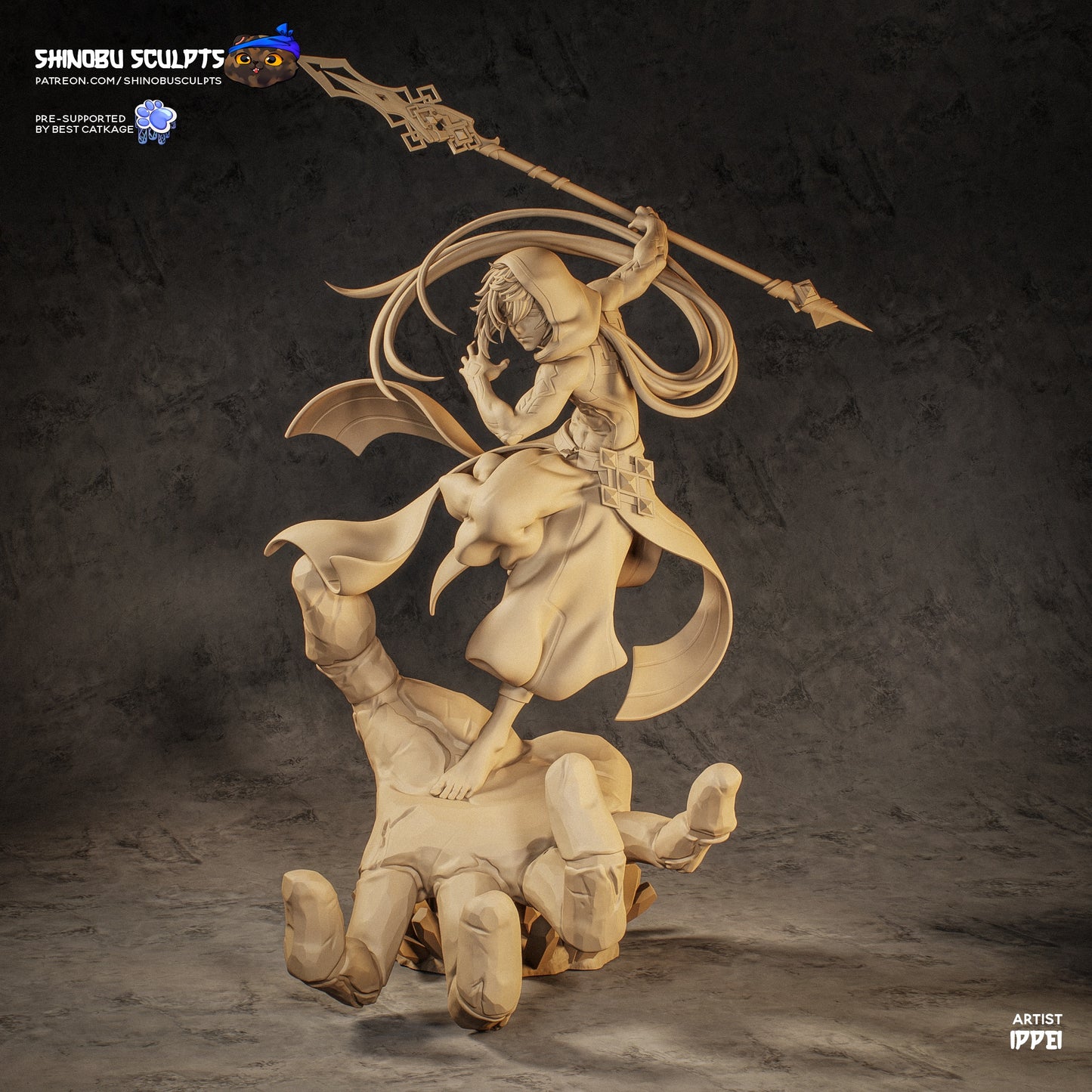 Zhongli statue gray render showing clean sculpt detail robe folds hair strands and geo base