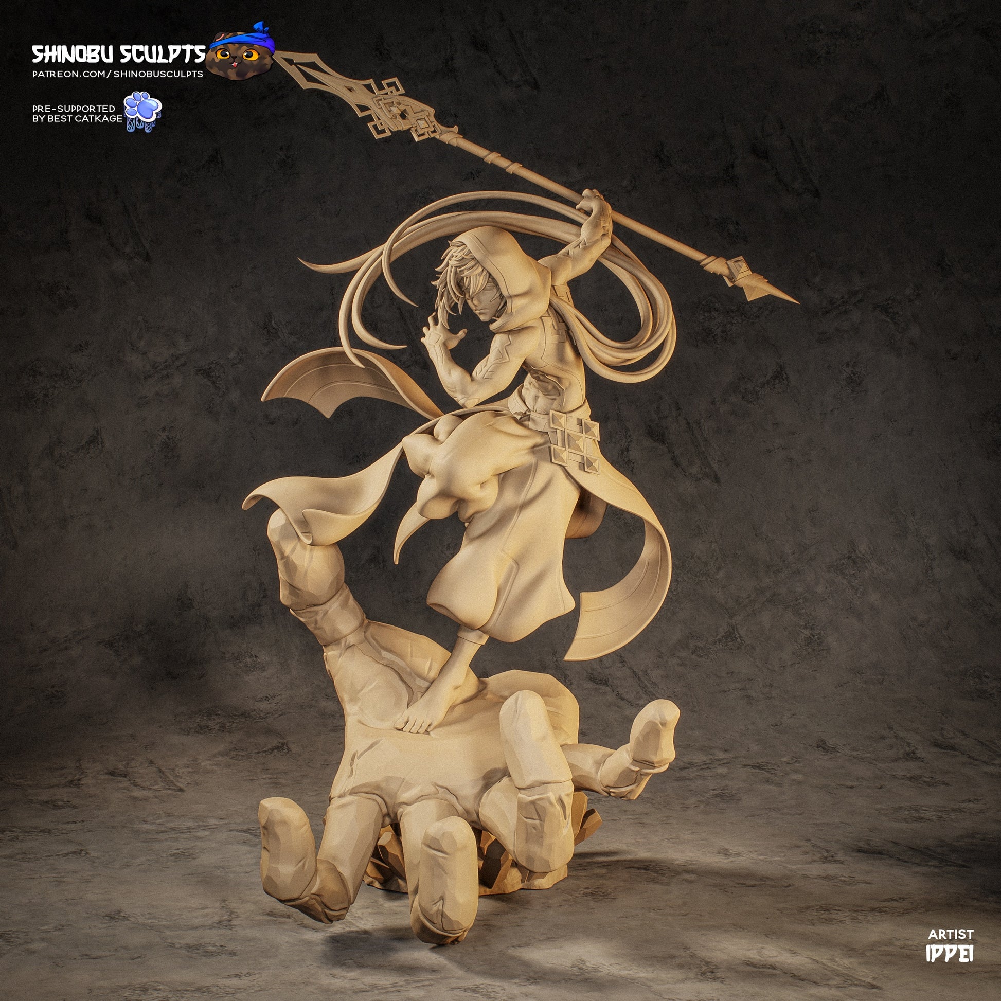 Zhongli statue gray render showing clean sculpt detail robe folds hair strands and geo base