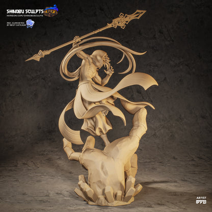 Zhongli statue gray render showing clean sculpt detail robe folds hair strands and geo base