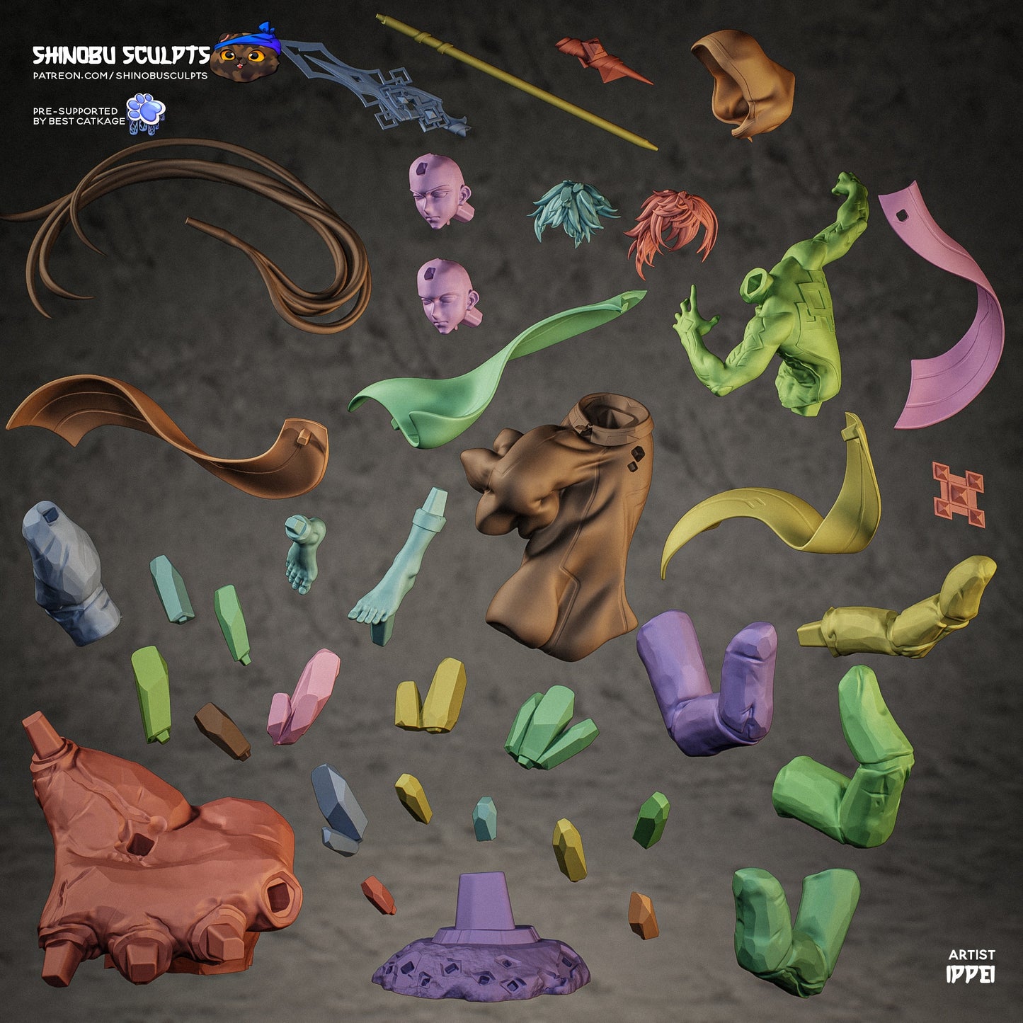 Zhongli figure parts layout showing body sections head options hair pieces spear base and geo hand components