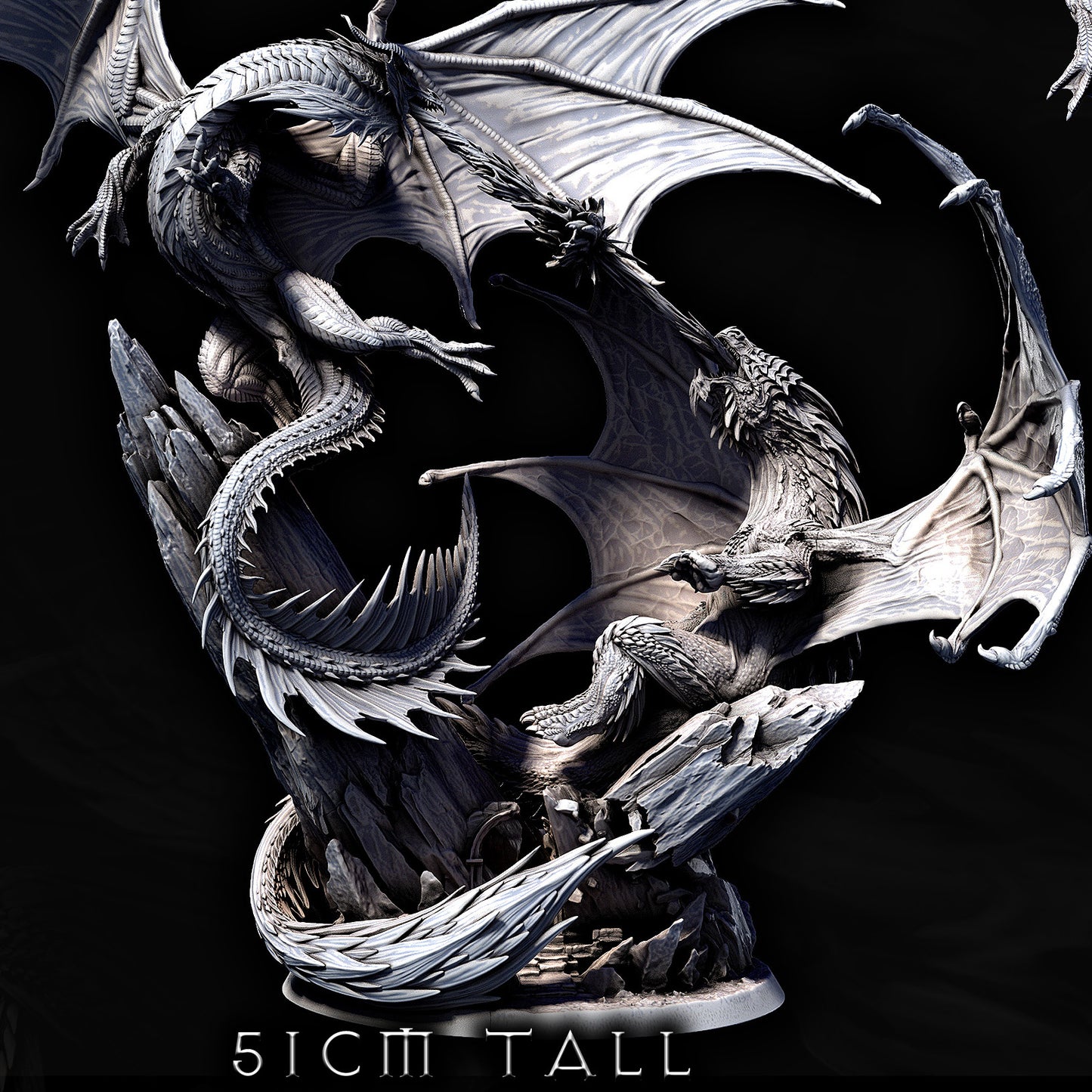Close-up render of Elder Red Dragon and Elder White Dragon locked in aerial combat over rocky spire base for use in D&D or Pathfinder campaigns.