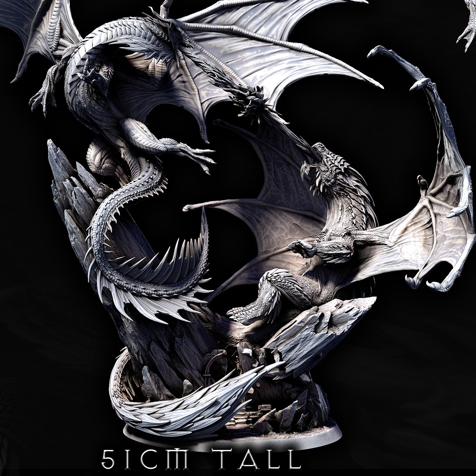 Close-up render of Elder Red Dragon and Elder White Dragon locked in aerial combat over rocky spire base for use in D&D or Pathfinder campaigns.