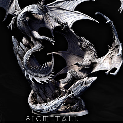 Close-up render of Elder Red Dragon and Elder White Dragon locked in aerial combat over rocky spire base for use in D&D or Pathfinder campaigns.