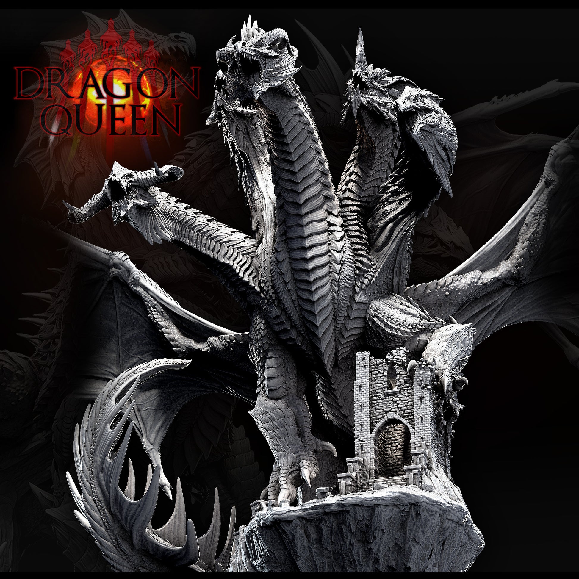 Dragon Queen figurine close-up, perched over a tower, looking majestic while all five heads contemplate whether it’s better to roast or petrify intruders first.