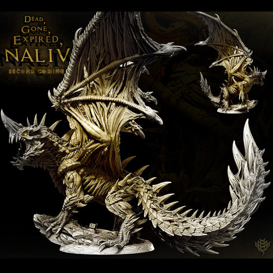 Side view of undead dragon model showcasing tattered wing membranes and spiked skeletal frame.