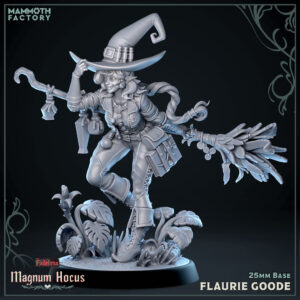 Flaurie Goode whimsical witch resin miniature flying on a broom through enchanted foliage from Magnum Hocus