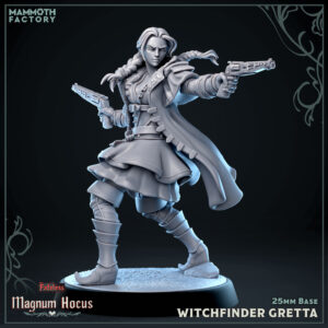 Witchfinder Gretta dual-wielding monster hunter resin miniature with rune-etched pistols from Magnum Hocus by Mammoth Factory on 25mm base