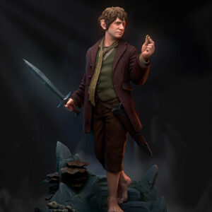 Bilbo Baggins 1:8 scale figure front view with scenic Middle-earth display base