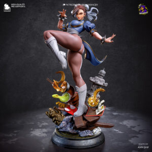 Chun-Li 1:8 scale figure from Street Fighter posed mid-kick on a ramen-themed display base.