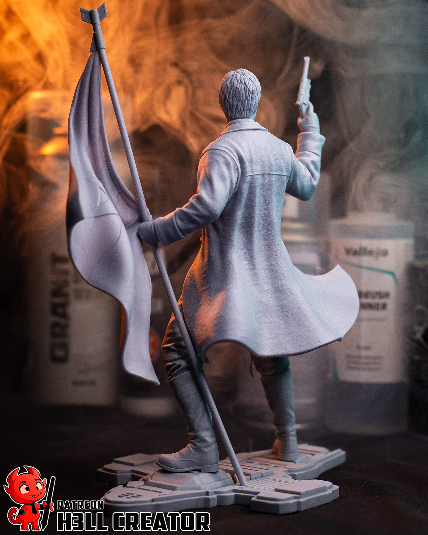 Rear view of Malcolm Reynolds Firefly 1:8 scale collectible figure showing coat details and Browncoat flag.